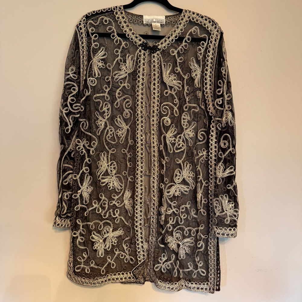 Vintage‎ Sophie Chang Black Sheer Embroidered Jacket Kimono Style Formal Evening